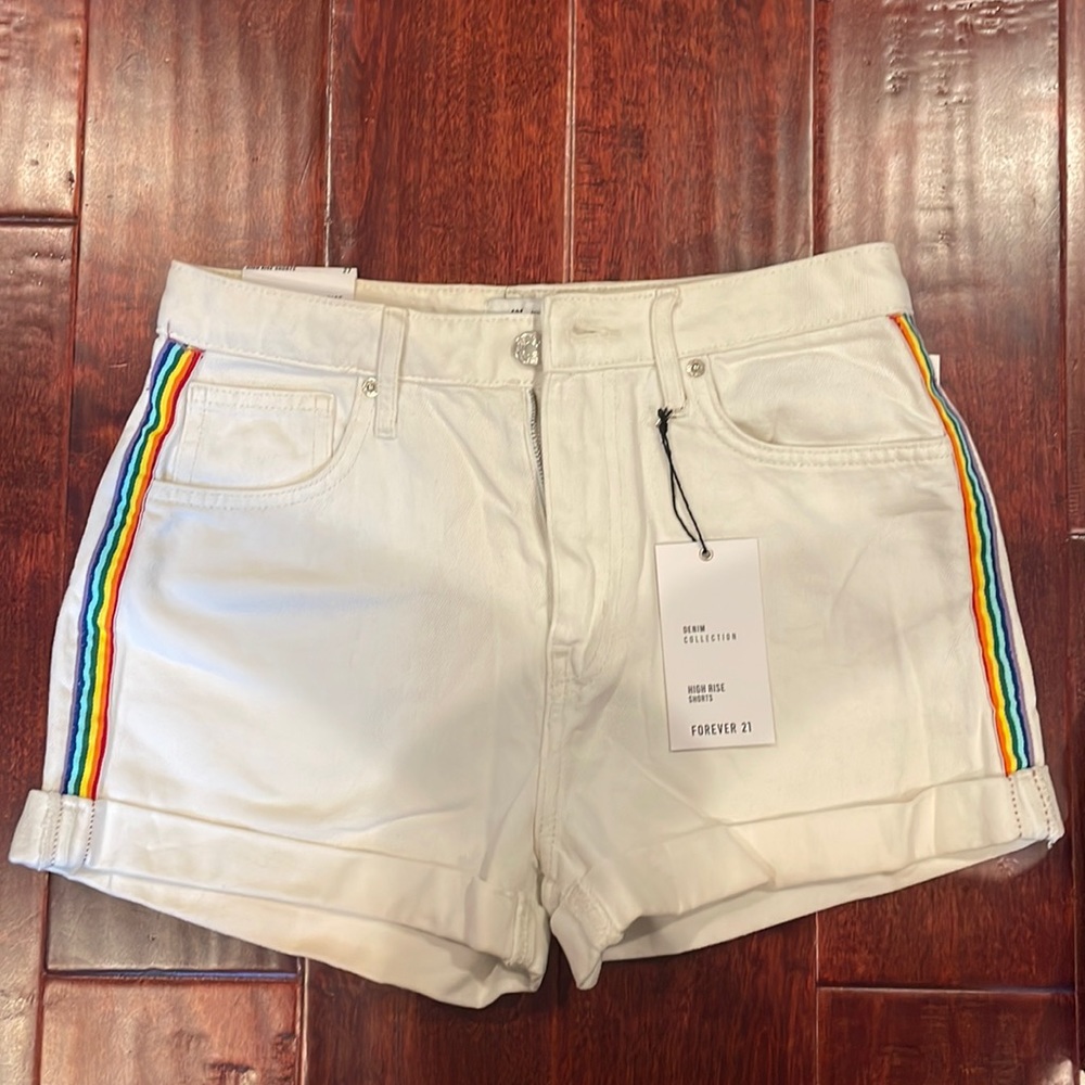 Hi-rise Rainbow white jean shorts